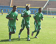 Eale Lutula (L) going through his paces along with Jean Paul Kielo Lezi (C), and Jules Cesar Oulai (R) early this year.  The Fc Brusselsu2019 striker has joined Amavubi Stars training camp for Sundayu2019s game against Egypt.