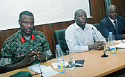 Col. Charles Karamba (L) speaks to the Kenyan Students. With him, Zac Nsenga and Moses Onyango the head of delegation (Photo J. Mbanda)