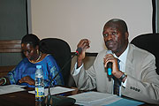 Labor Minister Anstase Murekezi speaks during the live programme at Telecom House yesterday. Left is the Ministryu2019s PS Marceline Mukakarangwa. (Photo/ J Mbanda)