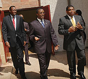 L-R; EALA Speaker Abdirahim Abdi , Senate Preident Vincent Biruta and the representative of Inter Parliamentary Union Martin Chungong after the openning session. (Photo J Mbanda)