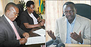 Theoneste Mutsindashyaka (left) signs his last document in the Ministry of Education while Education Minister Daphrose Gahakwa looks on. Right is  the Prosecutor General Martin Ngoga.