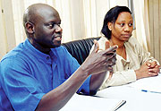 Dr. Amii Omara Otunnu, UNESCO Chair in Comparative Human Rights (L) and Sylvie Zainabu Kayitesi of the National Human Rights Commission at the press conference. (Photo J Mbanda)