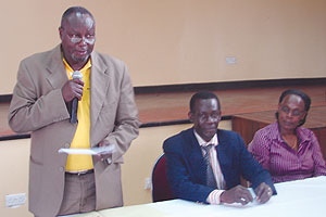 Ugandau2019s State Minister for Fisheries, Fred Mukisa addressing the forum yesterday (Photo: E. Kabeera)