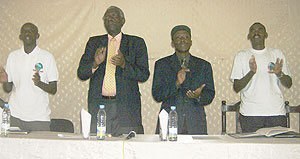 From left: MP Francis Kaboneka, Prof. Chrysologue Karangwa, Mufti Saleh Harerimana and Frank Kayiranga, a NEC official in Rwamagana on Tuesday. (Photo: S. Rwembeho)