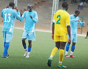 Rayon players celebrate a goal against Atraco. The players and the fans are disappointed by Cecafau2019s stand. (File photo)