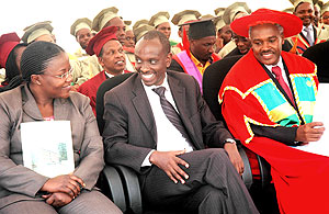 From left to right, Ministers Jeanne du2019Arc Mujawamaria, Richard Sezibera and Charles Murigande at the graduation ceremony yesterday (photo J. Mbanda)