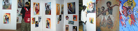 L-R : A traveller checks out the beauty of Rwandan art ; Some of the paintings on display ;Morris Munyanah shows off some of his paintings ; A painting of  Rwandan traditional dancers.