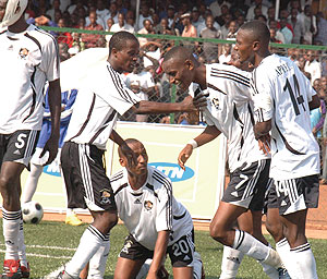 APR players celebrate after scoring in the national league. The team is in for a tough test against TP Mazembe. (File Photo)