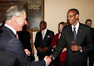 President Kagame with UKu2019s Prince Charles at a reception to mark Commonwealth Day in London (Photo: Astrid Shulz)