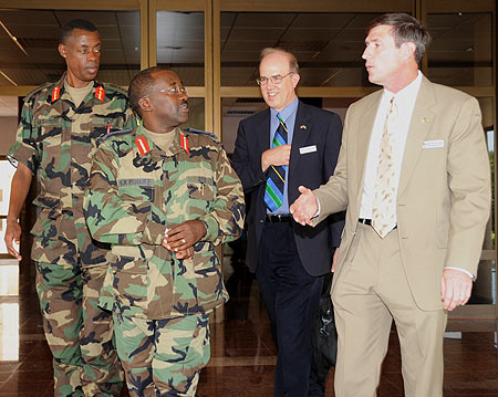 Chief of Defence Staff, Gen. James Kabarebe and the Chief of Air forces Lt. Gen.Charles Muhire with the Head of US military delegation, Gen.Robert Kane yesterday. (Photo J Mbanda)