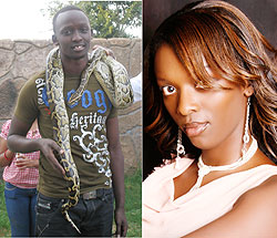 L-R: In South Africa: Meddy wraps a python around his neck, Miss JoJo