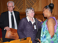 Former Swedish Prime Minister and Chairman of the inquiry into the actions of the UN in the genocide, Ingvar Carlsson, Lizbeth Palm, Ambassador Jacqueline Mukangira at the Swedish Parliament.