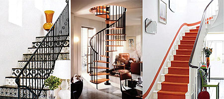 L-R : Paint coordinating motifs or colors on the risers to transform your staircase ; Metal spiral rails with wooden stairs are wonderful for creating an elegant look ; Paint a runner directly only the staircase for a customized look