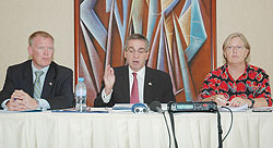 Canadau2019s High Commissioner to Rwanda, Ross Hynes (C) addressing the press conference yesterday (Photo; F. Goodman)