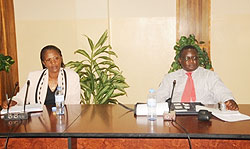 KCCu2019s Vice Mayor Jeanne du2019Arc Gakuba and Patrick Kabambe of the Malawian delegation addressing the press yesterday. (Photo; S. Mugisha)