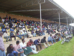 Residents who turned up for provisional driving license at Gicumbi stadium on Monday.  (Photo: A. Gahene)