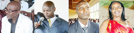 L-R : Newly elected Rubavu district Mayor  Sheikh Hassan Bahame ; The newly elected Rwamagana mayor Nehemiah Uwimana being  sworn in by the President of Ngoma Intermidiate Court Jerome Mugeyo ; Jean Claude Cyuma the Rwamagana Vice Mayor in charge of Econo