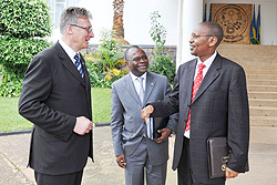  Amb. Thomas Stelzer, UN Resident Coordinator, Aurelian Agbenoci and Finance Minister, John Rwangombwa shortly  after  meeting President Kagame yesterday. (Photo Urugwiro Village)