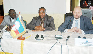 Prof Luaba Luba Luma Ntumba (in charge of Programes at CEPGL), Jean Paul BANDEREMBAKO, the Director of Administration and Finance , and the EU Head of Delegation in Rwanda, Michel Arrion at the event yesterday (Photo by F.Goodman)