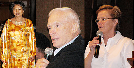 L-R : Mathilde Mukantabana, President of Friends of Rwanda Association, US ; Allen Campbell, former US Marine pilot ; Margee Ensign, Provost of School of International Studies, University of Pacific, California, US