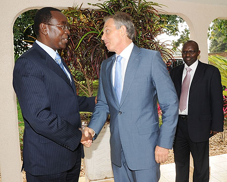 Prime Minister Bernard Makuza (L) receives Mr Tony Blair at the formeru2019s offices in Kimihurura on Wednesday (Photo J Mbanda)