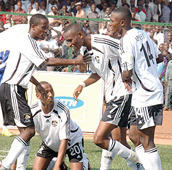 APR players celebrate after scoring in a recent Primus league game. The army side is in the final of the MTN Peace Cup. (File photo)