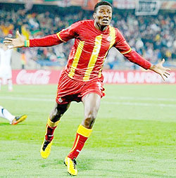 Asamoah Gyan of Ghana celebrates scoring his teamu2019s second goal in extra time during the 2010 FIFA World Cup South Africa Round of Sixteen match against USA. (Net photo)