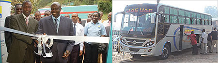 L-R : EACu2019s Robert Ssali (left) and Ugandau2019s High Commissioner to Rwanda Richard Kabonero cut tape to open the 24-hour border operation at Gatuna in March ; Transport companies to benefit.