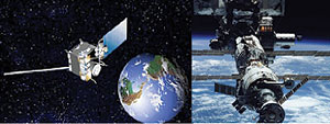 L-R : A weather satellite in space(Net) ; International space station(Net)