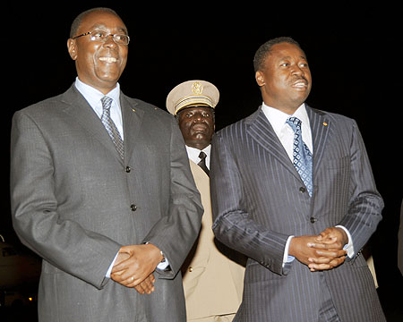 Togolese President, Faure Gnassingbe (R) on arrival at Kanombe Airport. He was welcomed by Prime Minister Bernard Makuza (Photo  T. Kisambira)