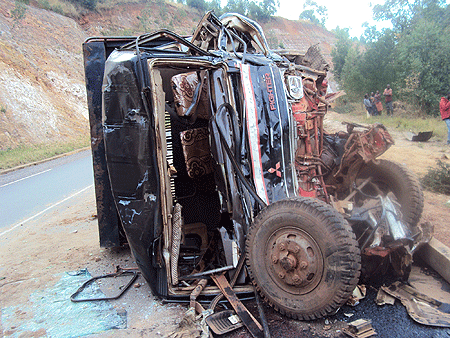 The mangled wreckage of the Fuso lorry. (Photo  S. Rwembeho)