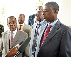 Gen. James Kabarebe addressing the media as his counterpart Charles Mwando Nsimba looks on yesterday (Photo; T. Kisambira)