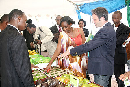 The Minister of Agriculture, Dr. Agnes Kalibata touring the stalls at the horticulture Expo yesterday (Photo; T. Kisambira)