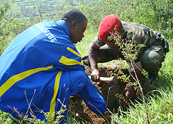 Defence Minister James Kabarebe participating in a tree-planting exercise in Kami yesterday (Courtsey Photo)