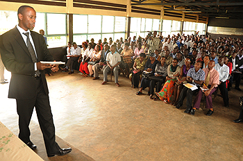 The Executive Secretary of the Teacher Service Commission, Emanuel Muvunyi, addressing the teachers yesterday (Photo; T. Kisambira)