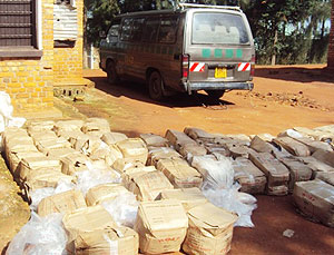 The impounded vehicle with cartons of illicit brew at Kabarore Police Post (Photo; D.Ngabonziza)