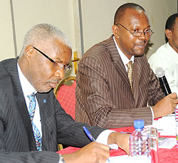 (L-R)Stephen Magesa Chief of IRS, and Emmanuel Hakizimana vector control Manager of Malaria at TRAC- Plus talking to participants yesterday (Photo / T. Kisambira)