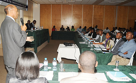 Capacity Building Fund coordinator Alphonse Kalinganire addressing the participants yesterday (Photo; J. Mbanda)