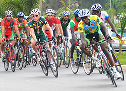 Home boy, Adrien Niyonshuti (right, front row) will ride stage five in the Yellow Jersey. (T. Kisambira)