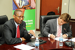 Minister John Rwangombwa and Sven-Erik Piederiet, Bralirwau2019s Managing Director during a press briefing a head of the IPO launch. (photo by Timothy Kisambira)