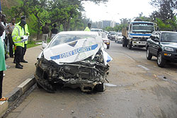 This Fodey Security car collided with a commuter taxi Bus near Parliament Building yesterday (Photo; G. Majyambere)