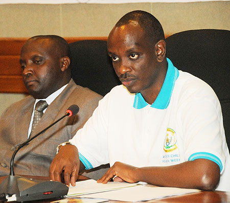 Health Minister, Dr. Richard Sezibera and Mayor of Gicumbi, Bonane Nyangezi during the town hall meeting yesterday (Photo; T. Kisambira)