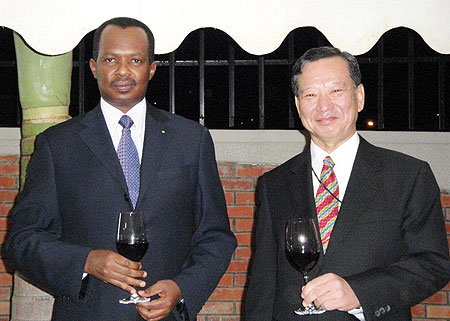 Infrastructure Minister, Vincent Karega, with Japanese Ambassador to Rwanda, Kunio Hatanaka, at the function on Friday (Courtesy photo)