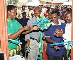 (L-R) City Mayor Aisa Kirabo, Internal Security Minister Fazil Harerimana and Prisons boss Mary Gahonzire inaugurating classrooms constructed by prisoners during the Prisons Week yesterday (Photo J Mbanda)