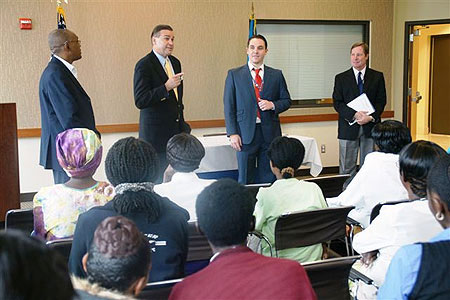 US Ambassador Stuart Symington (2nd L) addressing the beneficiaries. (File photo)