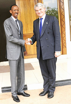 President Paul Kagame, and UK Secretary of State for International Development, Andrew Mitchell at Urugwiro Village yesterday (Photo J Mbanda)