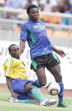 Tanzaniau2019s Stefano Mwasika in action against Amavubi. The defender scored the hostsu2019 second penalty yesterday. (Photo B. Mugabe)