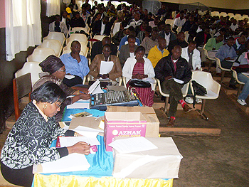 Local leaders listen to selection creteria for vulnerable children, yesterday.(Photo A.Gahene)