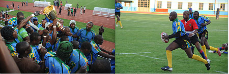 L-R : Rwanda's national team, the Silverbacks, had just won a tri-nations Confederation of Africa Rugby (CAR) tourney at Rwanda's Amahoro stadium (Photo T.Kisambira) ; Silverbacks' star player, Vincent Kamali, taking on the Burundian national team in the 