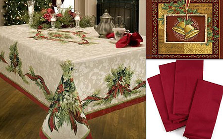 L-R : Christmas decorated table cloth ; Christmas placemat ; Red table napkins for Christmas